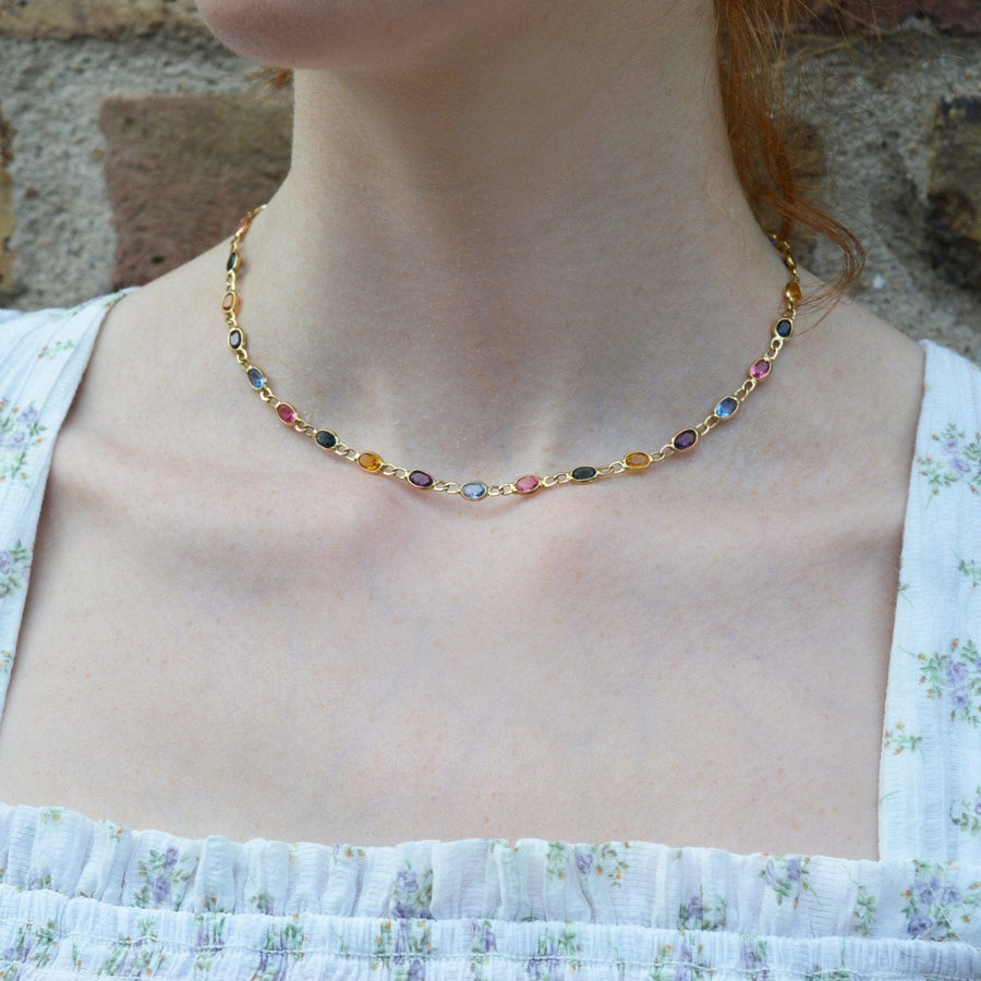 Vintage 18ct Gold Colourful Multi-Stone Paste Chain Necklace | Parkin and Gerrish | Antique & Vintage Jewellery