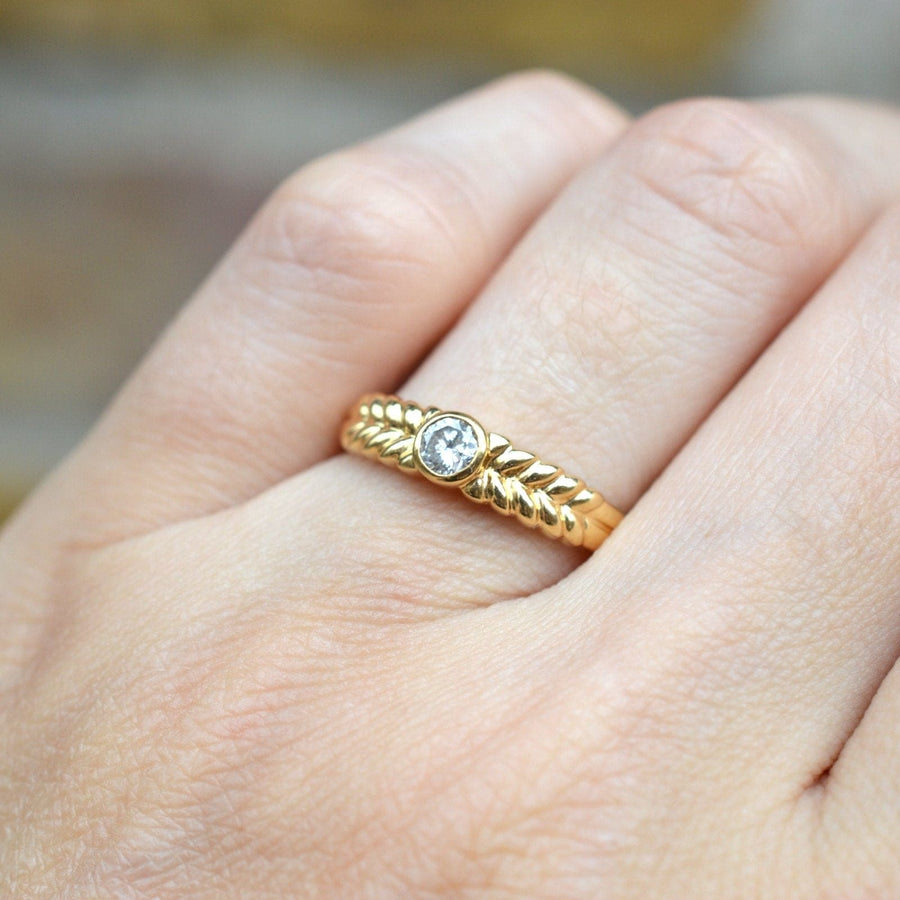 Vintage 18ct Gold, Diamond Solitaire Ring with a Laurel Wreath Shoulders | Parkin and Gerrish | Antique & Vintage Jewellery