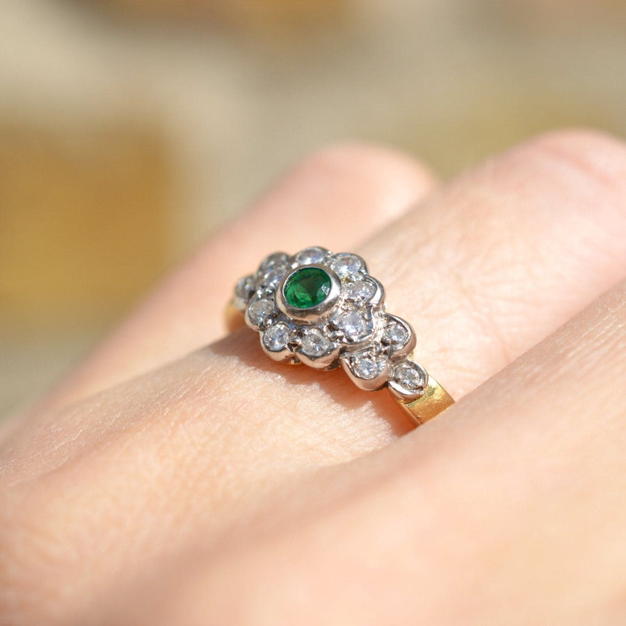 Vintage 18ct Gold Emerald & Diamond Cluster Ring | Parkin and Gerrish | Antique & Vintage Jewellery