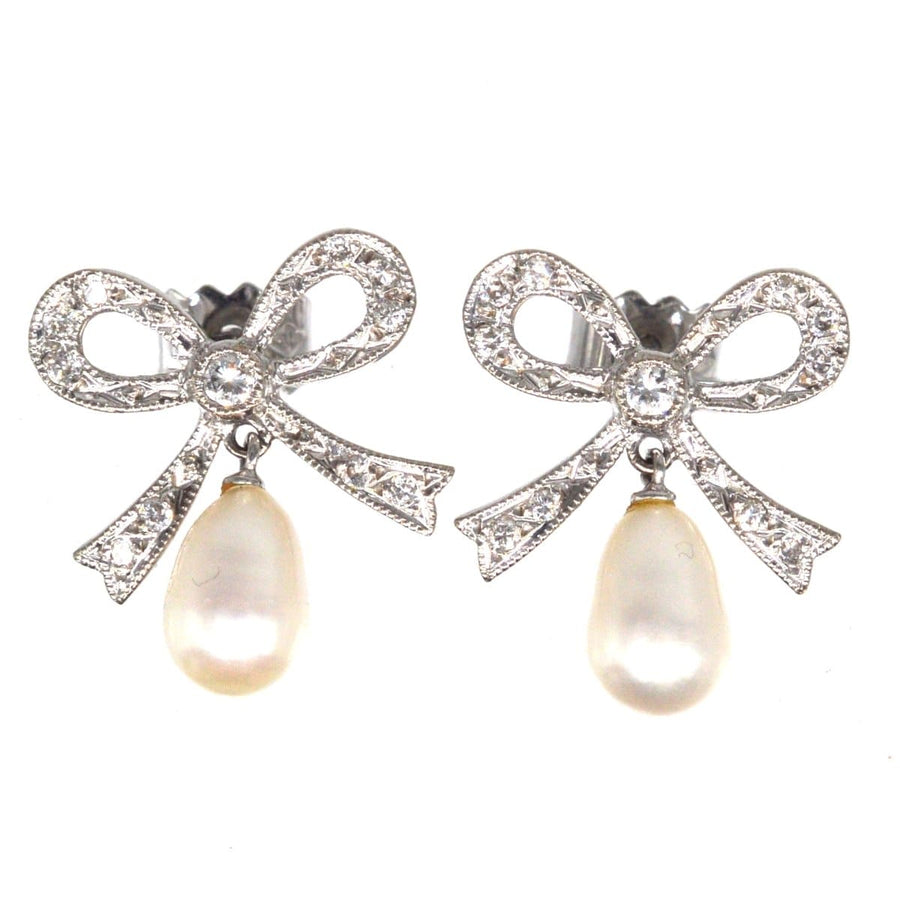 Vintage 18ct White Gold Diamond Bow and Cultured Pearl Drop Earrings | Parkin and Gerrish | Antique & Vintage Jewellery