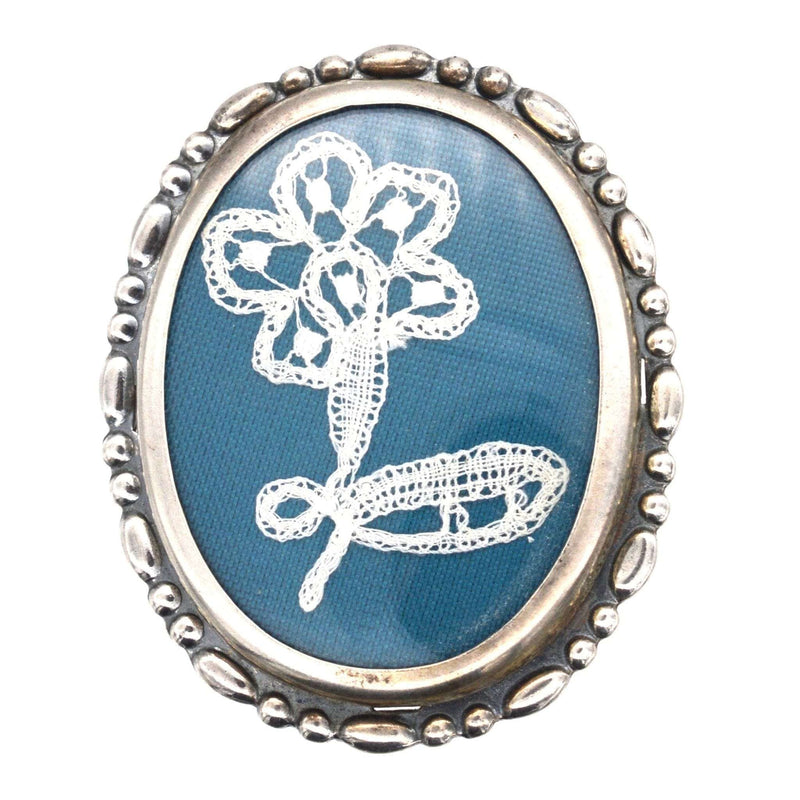 Vintage Silver Oval Frame Brooch with Flower Lace Embroidery