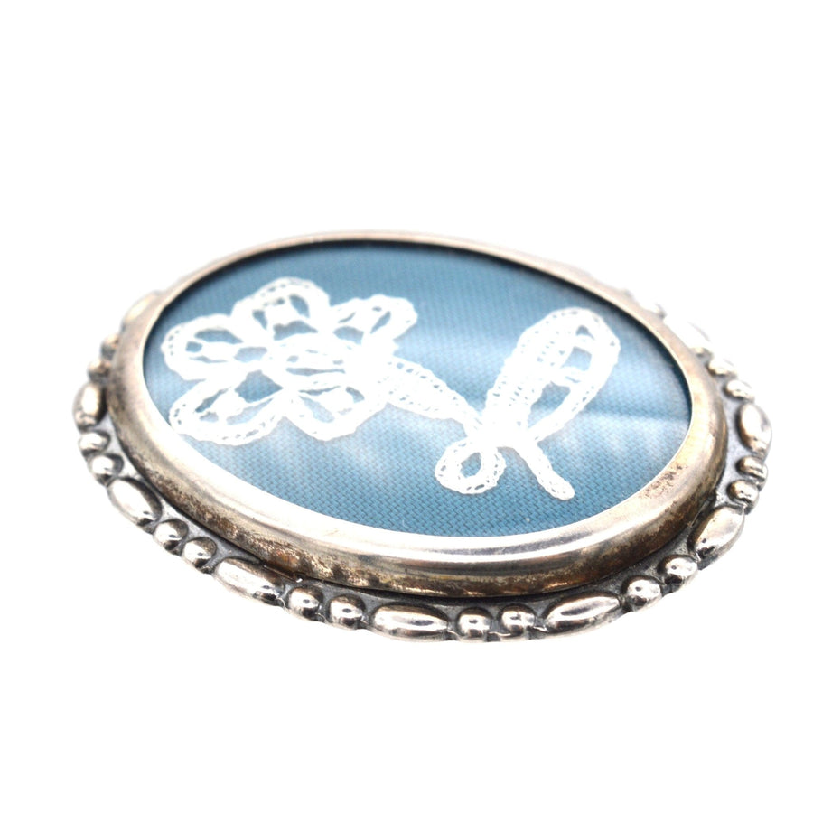 Vintage Silver Oval Frame Brooch with Flower Lace Embroidery | Parkin and Gerrish | Antique & Vintage Jewellery